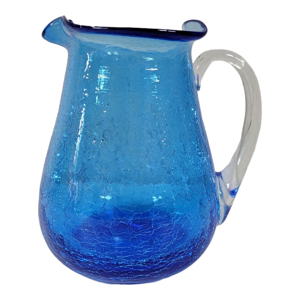 Vintage Pilgrim Blue Crackle Handblown Art Glass Mini 5" Pitcher Creamer